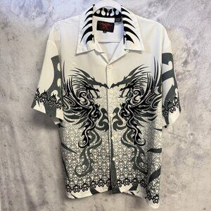 Vintage Y2K Dragonfly Tribal Dragon Button Up Shirt Men’s M White Skate Grunge